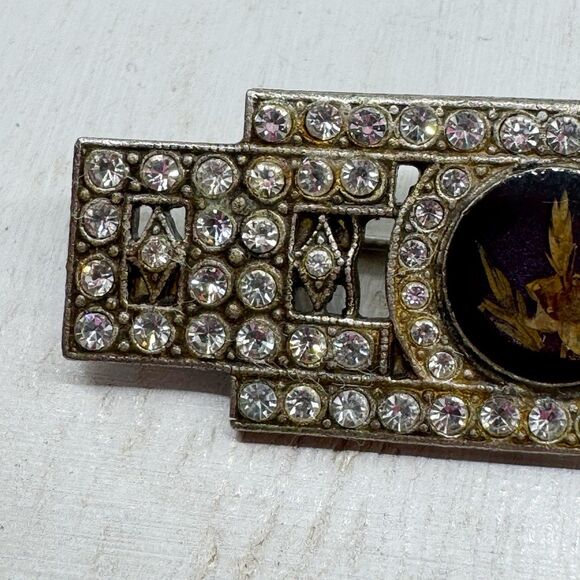 Antique Art Deco Rhinestone Brooch Pin Shadow Box Dried Flower Trombone Clasp - Picture 5 of 12